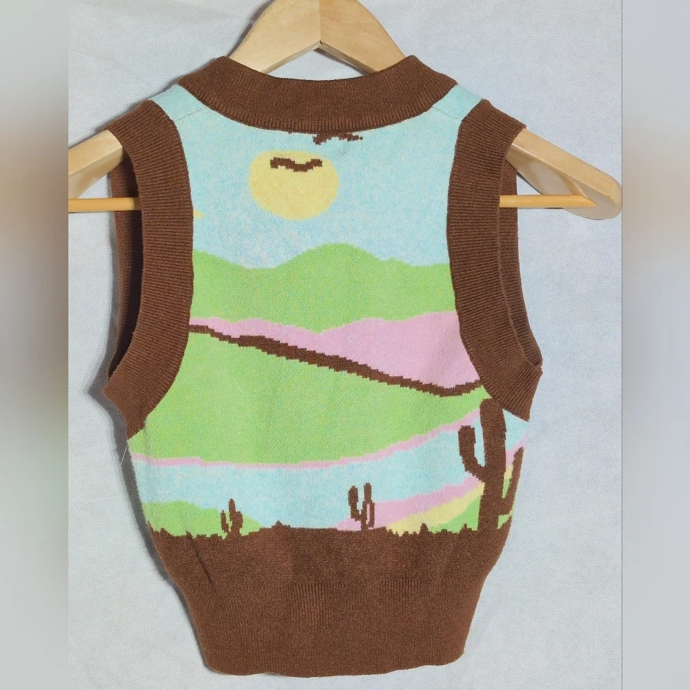 Bershka Brown Cactus Scene Sz S Multicolor Sweater Vest - Picture 4 of 7